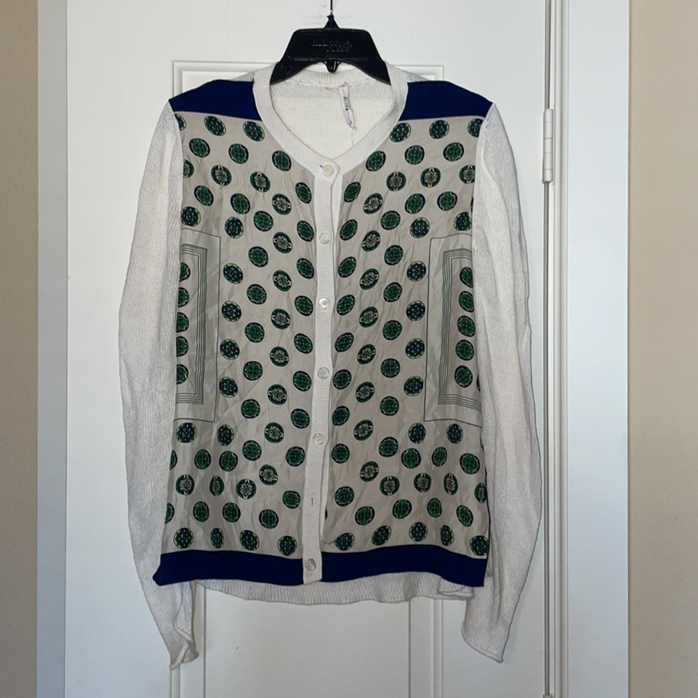 Celine silk cardigan top green blue cream M